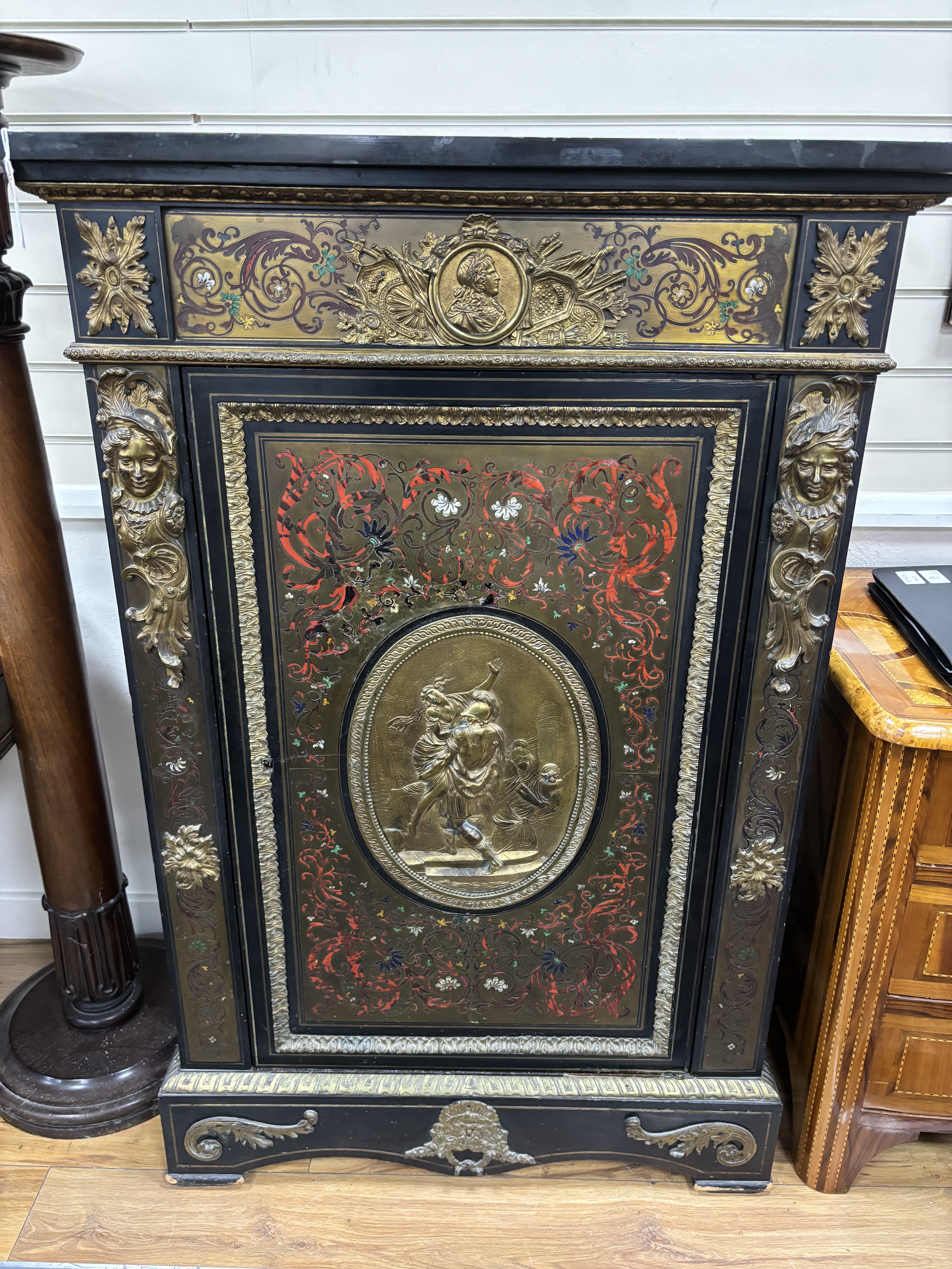A 19th century Louis XIV style polychrome boullework pier cabinet, restoration, width 86cm, depth 43cm, height 130cm